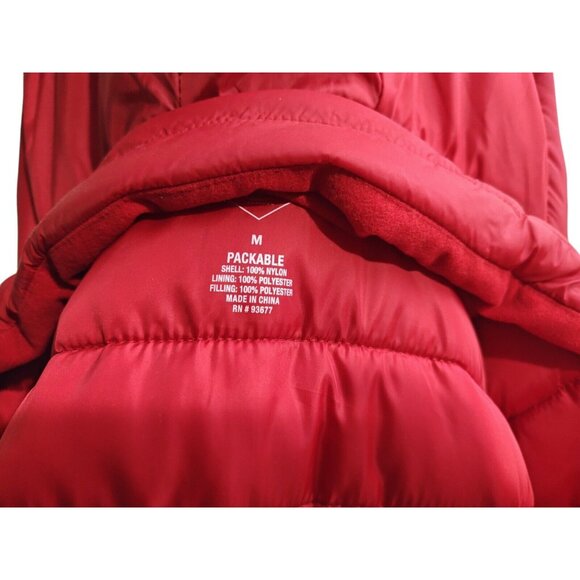 St John's Bay Puffer Jacket Women's M Red Packable Removable Hood Zip Nylon - Picture 7 of 12
